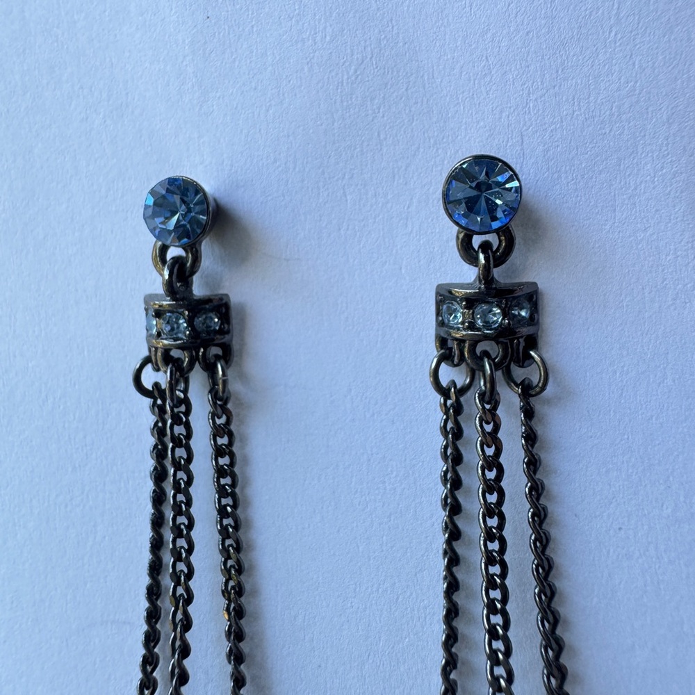 GIVENCHY Signed Blue Crystal Dangle Chain Stud Earrings - Picture 2 of 9